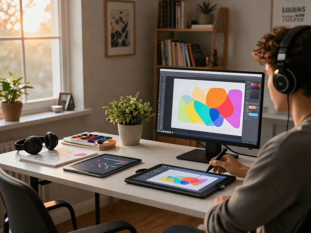 Creative digital artist workspace with ai nsfw art tools and design elements.