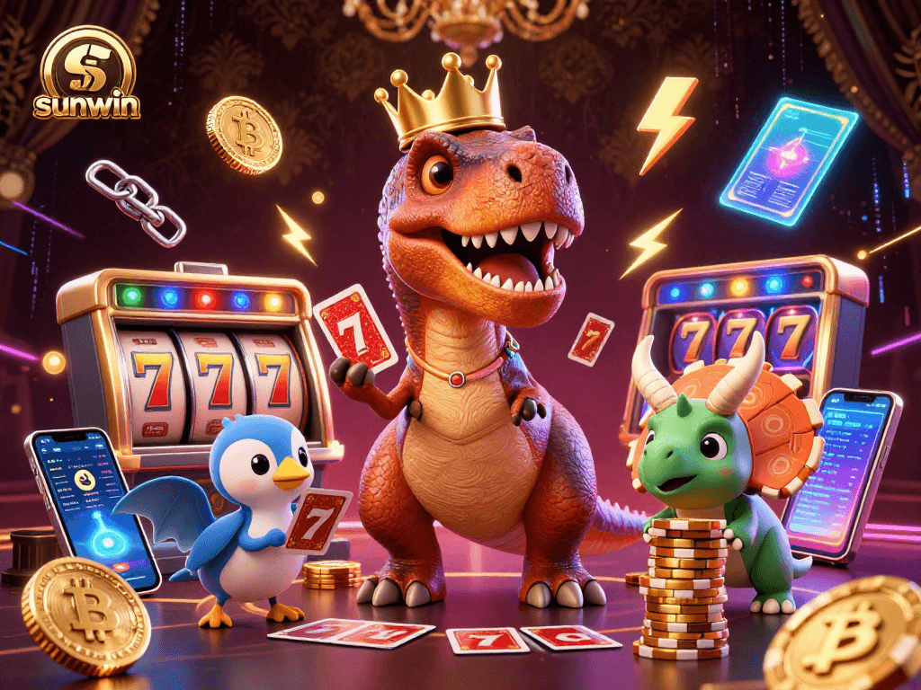 Engage with sunwin's vibrant casino scene featuring a playful T-Rex shuffling cards and crypto coins.