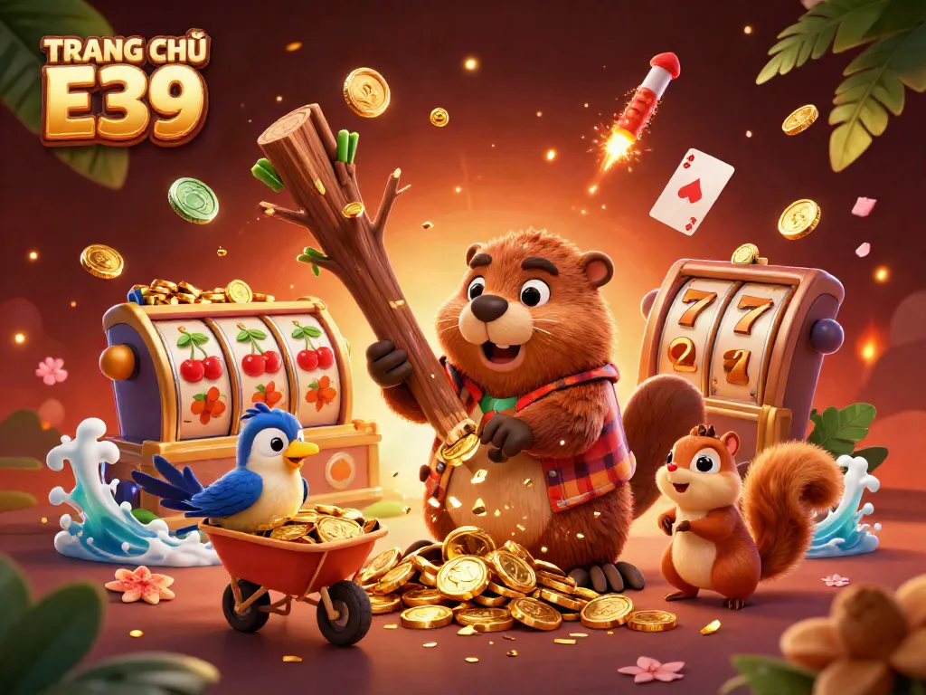 Engage with slots at TRANG CHỦ E39 while surrounded by cheerful characters collecting golden coins.