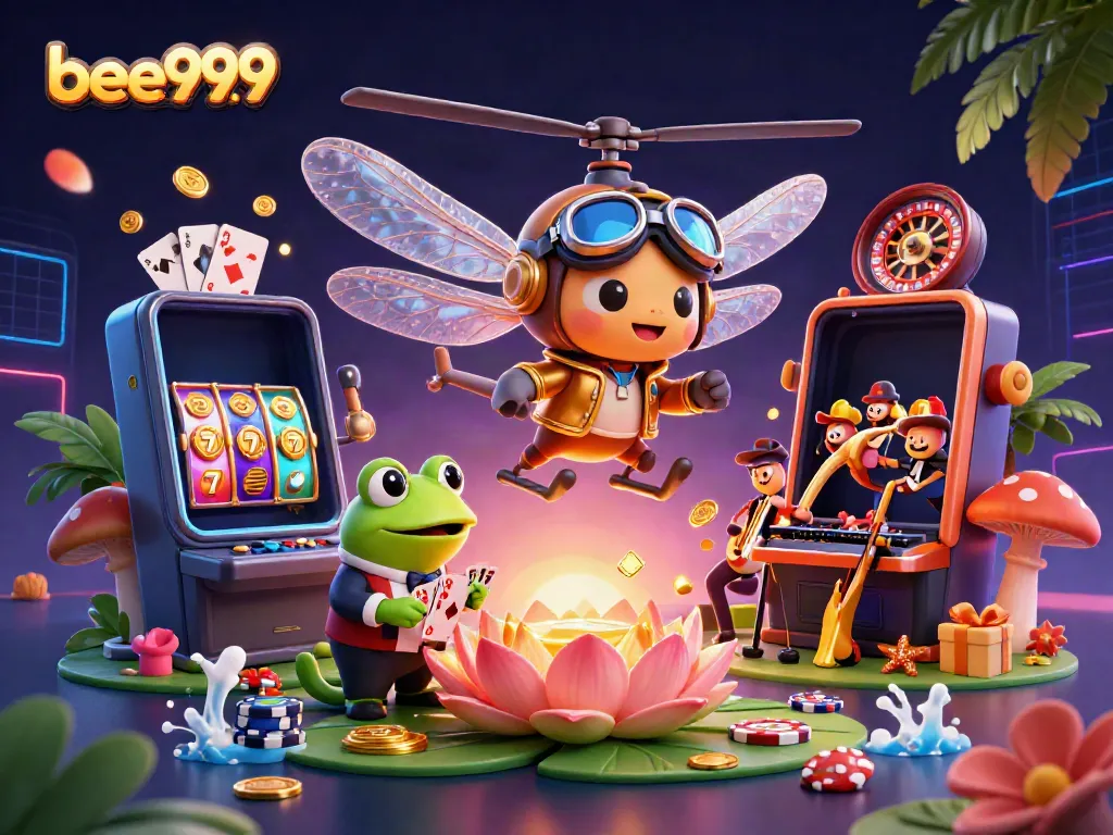 Experience thrilling gameplay with bee999 at a vibrant lily pad casino showcasing lively characters.