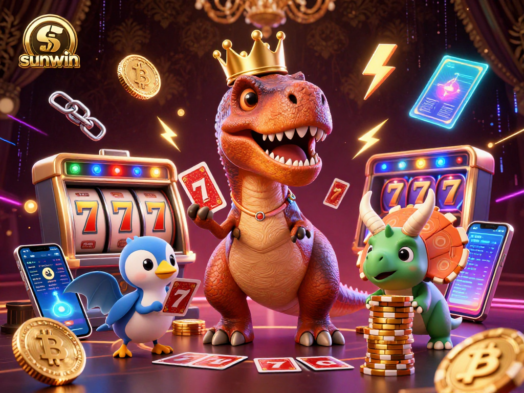 Engage with sunwin's vibrant casino scene featuring a playful T-Rex shuffling cards and crypto coins.