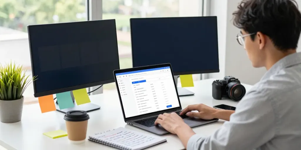 Digital marketing specialist analyzing SEO data for instant indexing in a bright workspace.