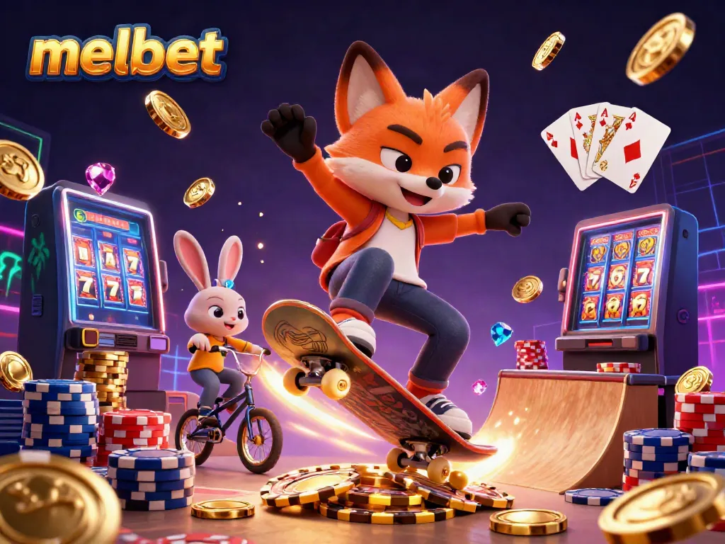 Experience the thrill of melbet with a vibrant scene of a skateboarder fox and BMX rabbit among casino elements.