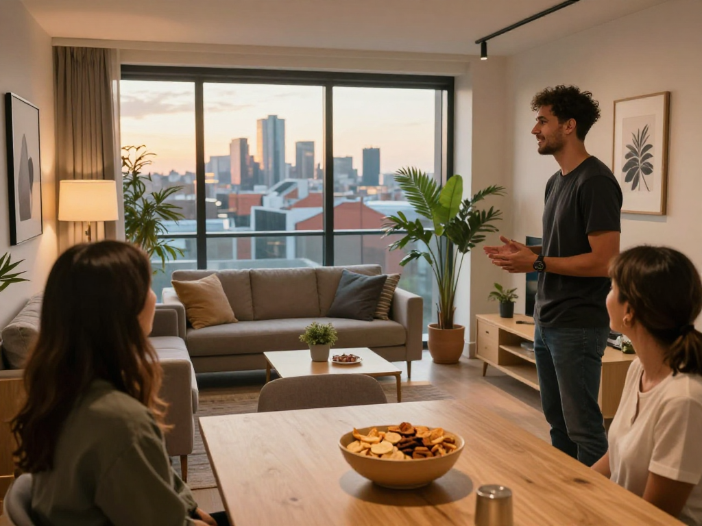 Airbnb management Manchester scene showcasing a welcoming host in a stylish apartment during golden hour.