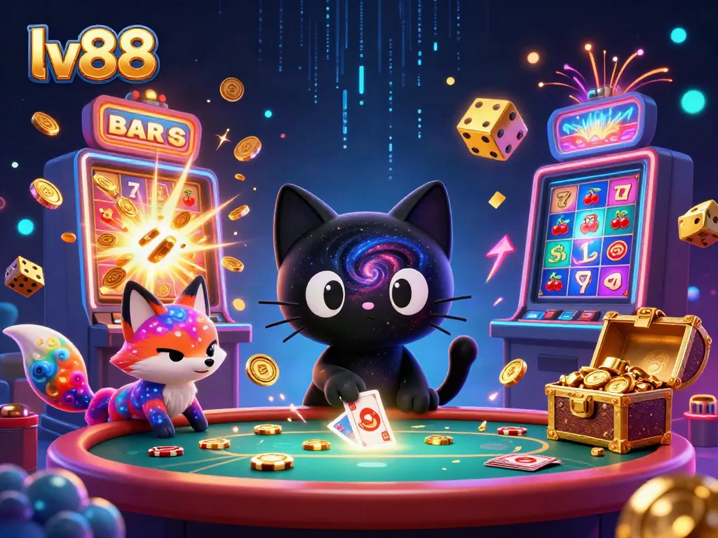 The lv88 cosmic casino scene illustrates a black hole cat attracting golden chips and cards in a vibrant setting.