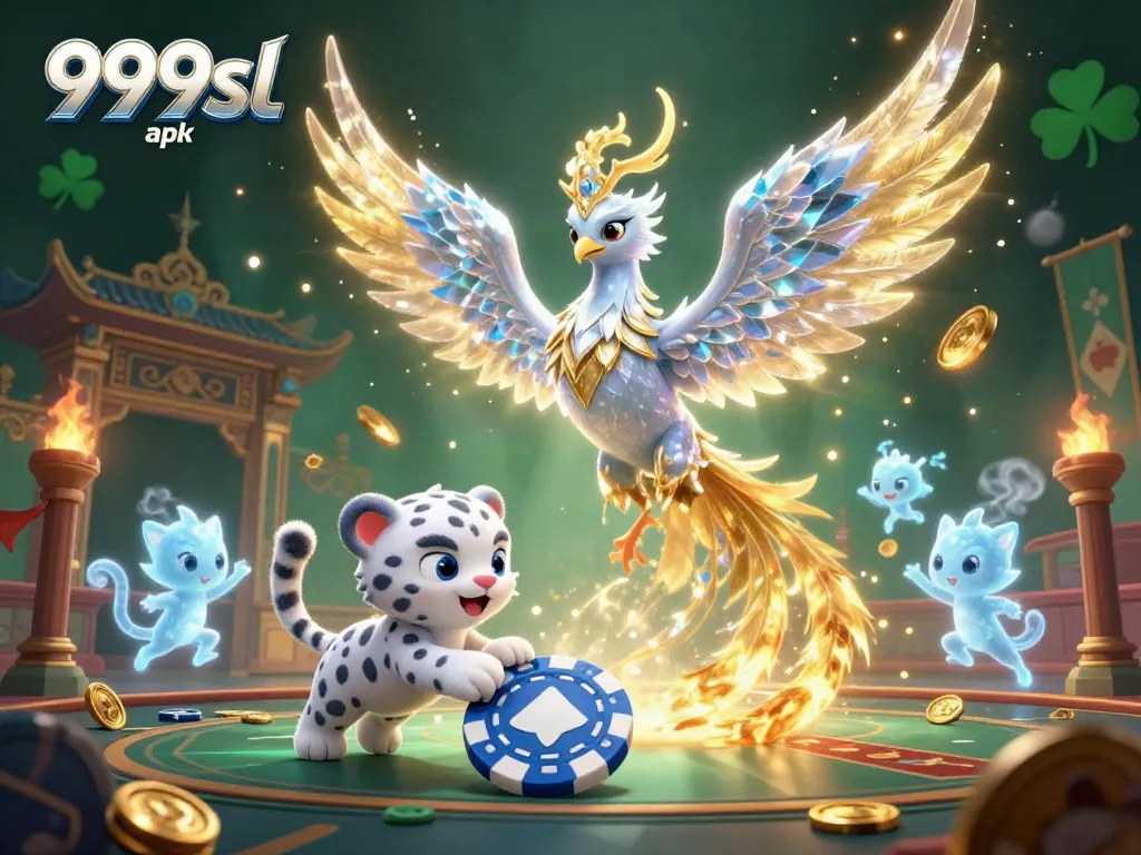 Engage with the vibrant world of 999sl apk showcasing a magical phoenix in a sparkling casino setting.