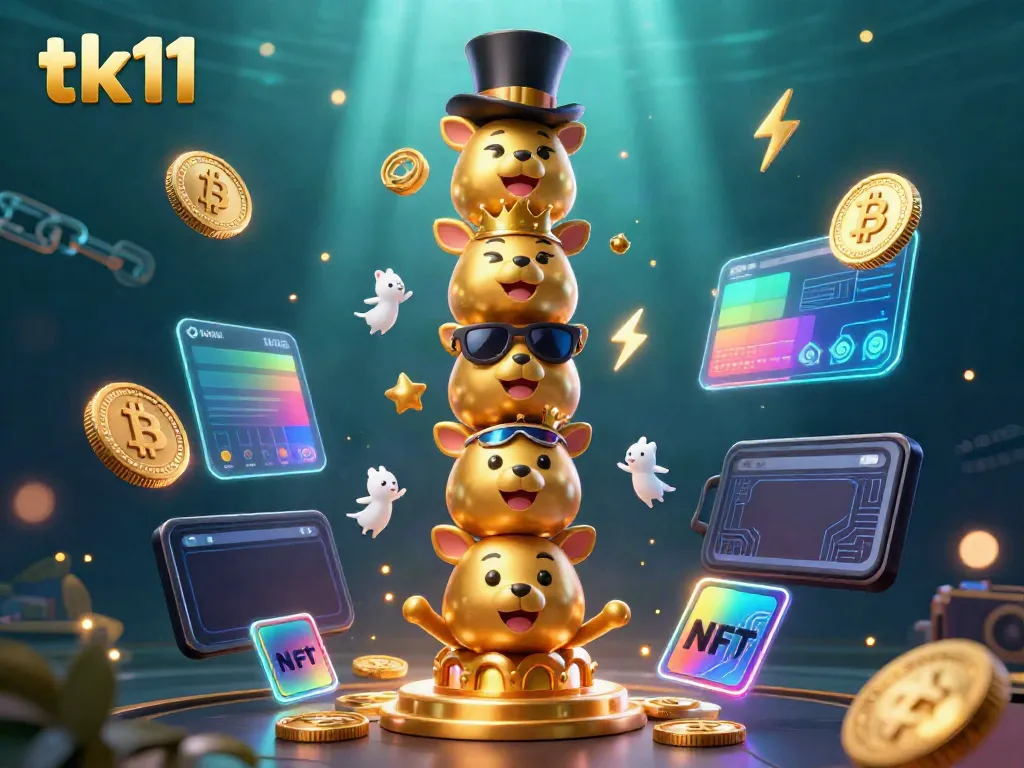 Engage with tk11 in an immersive 3D casino scene featuring a dynamic golden totem pole and crypto elements.