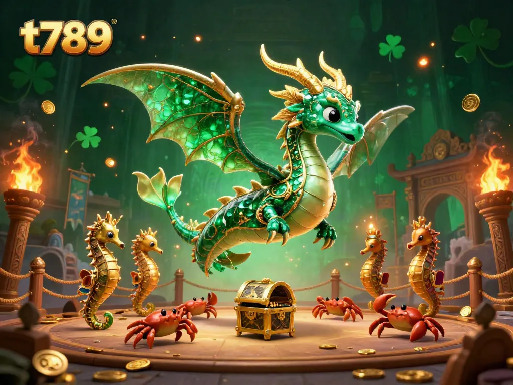 Experience thrilling action in t789's vibrant online casino with a majestic sea dragon and treasure chest.