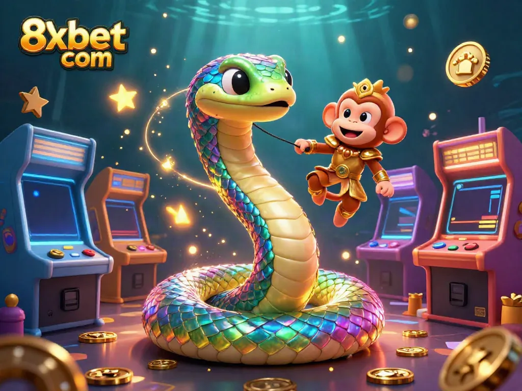 Engage with 8xbet com: vibrant 3D illustration showing a rainbow serpent and monkey king in a dynamic casino scene.