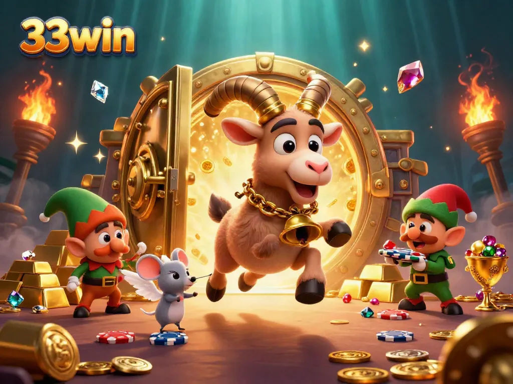 Experience thrilling gaming at 33win with mischievous characters in a dynamic casino scene.