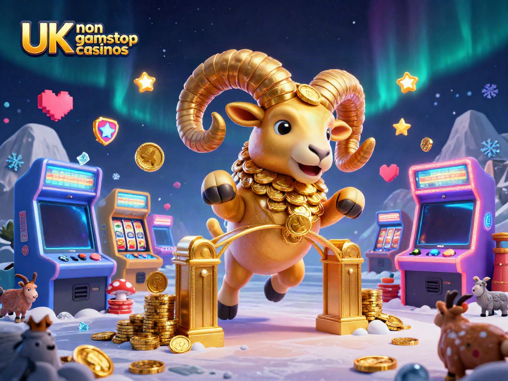 Experience the excitement at UK non gamstop casinos with a dynamic golden ram charging through stacks of chips and arcade machines.