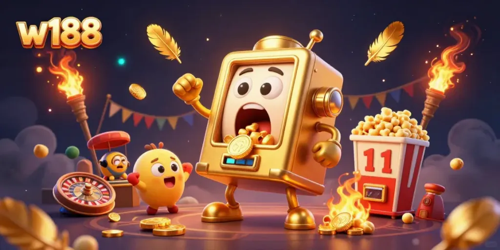 Experience the thrill of w188 with a dynamic 3D scene featuring golden slot machines celebrating a jackpot.