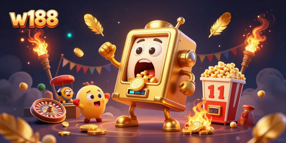 Experience the thrill of w188 with a dynamic 3D scene featuring golden slot machines celebrating a jackpot.