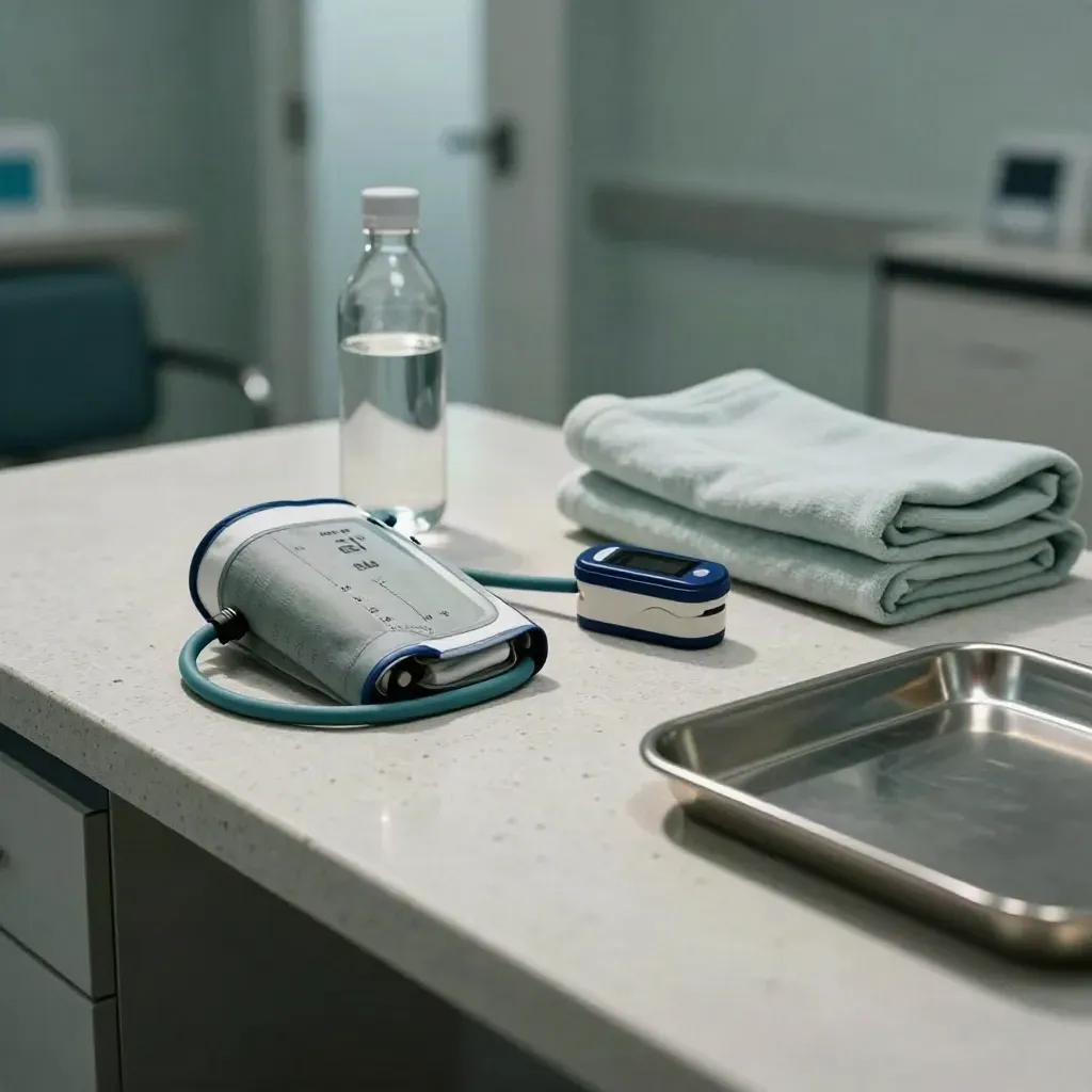 Detox assessment room with cuff, oximeter, water bottle and sealed tray on a pale counter
