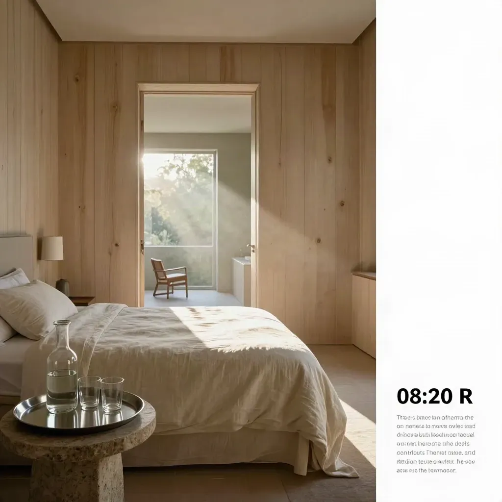 Moody Rehab R arrival suite with bed, carafe and corridor in sunlit haze