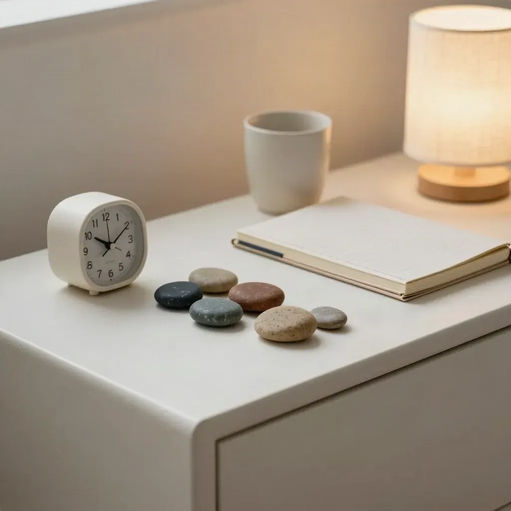 CBT tools on a plaster sideboard: stones, timer, notebook, cup and lamp in a calm clinic vignette.