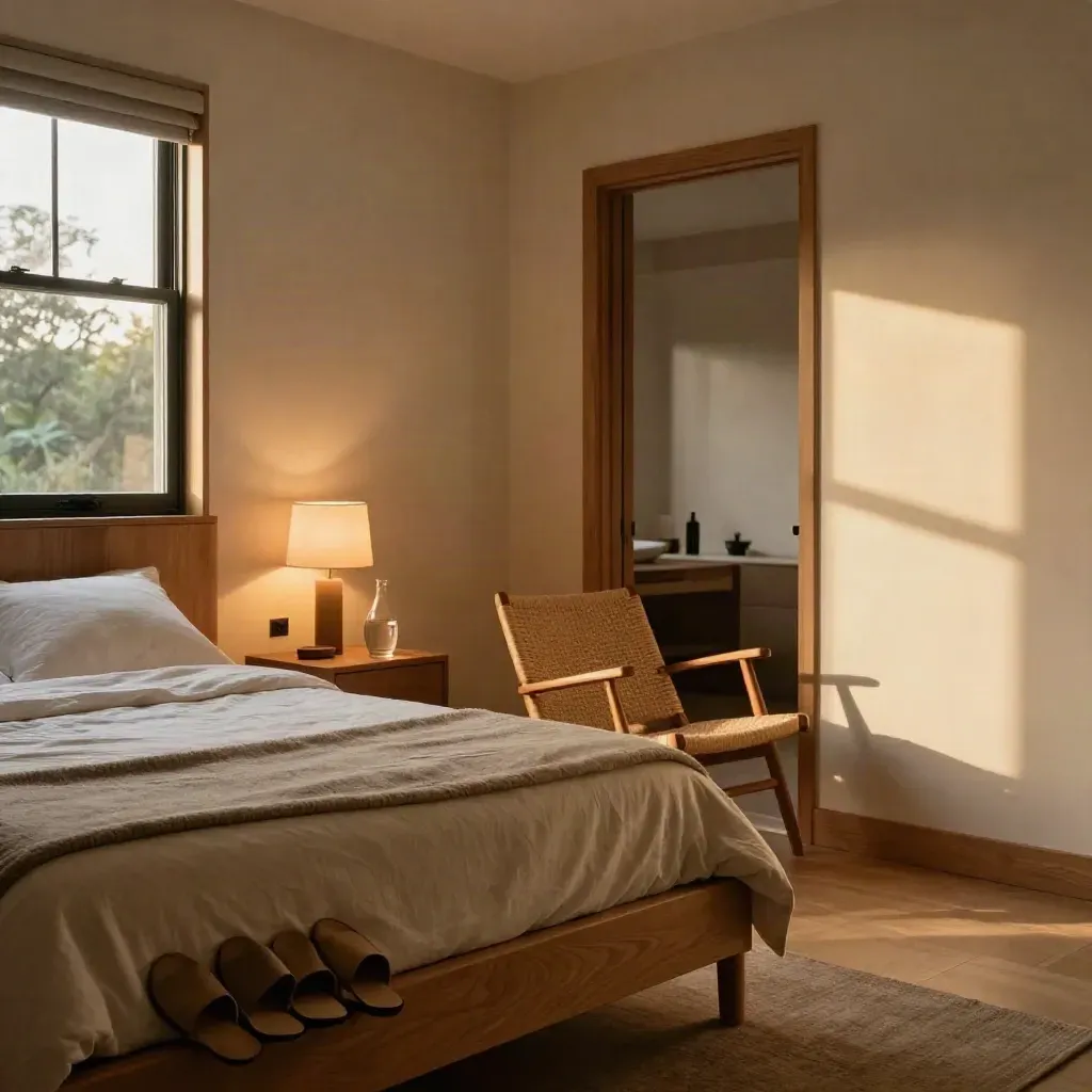 Warm rehab bedroom with made bed, lamp, slippers, carafe and reading chair by the window.