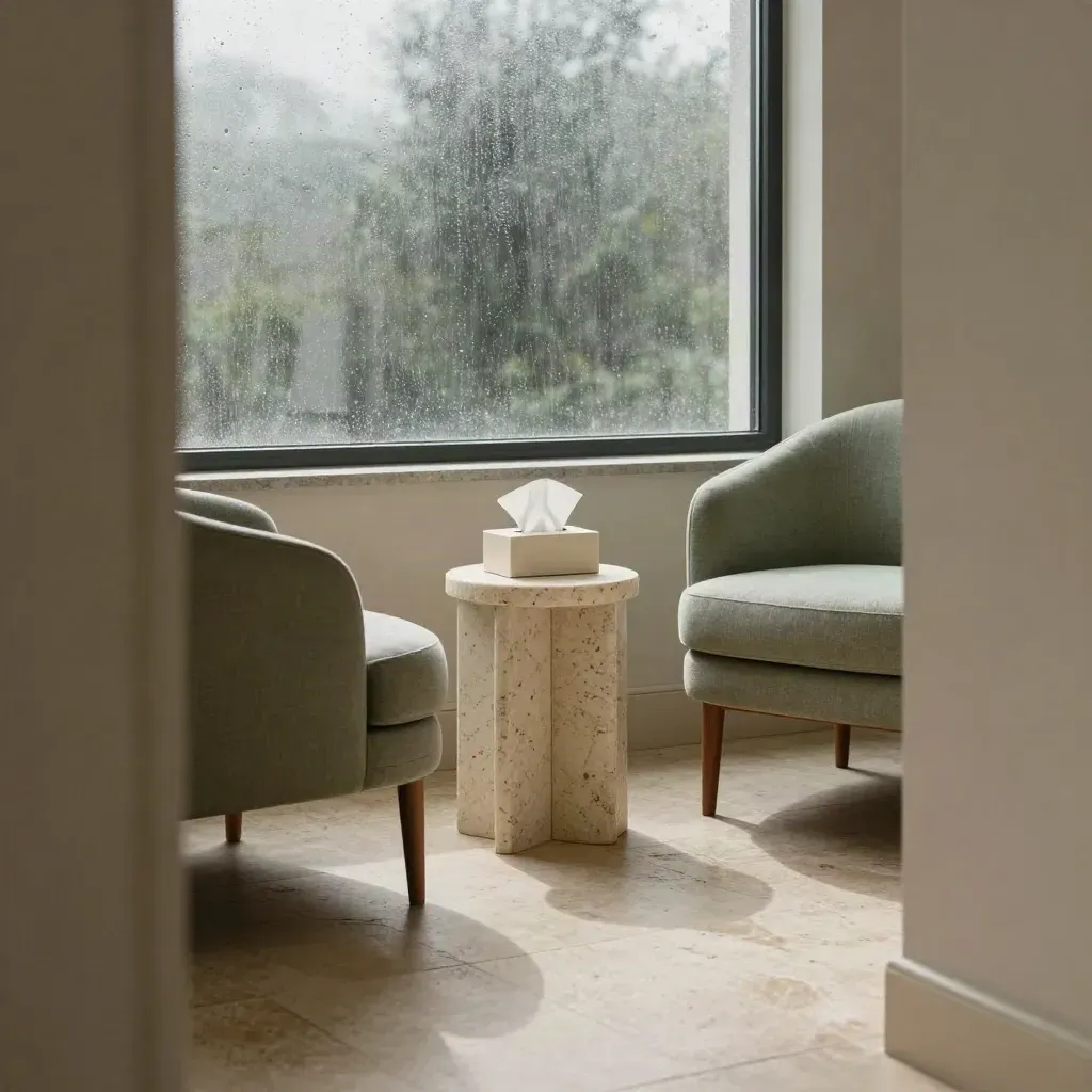 Sage counselling chairs and tissue box beside a rain-blurred window in a quiet therapy room.