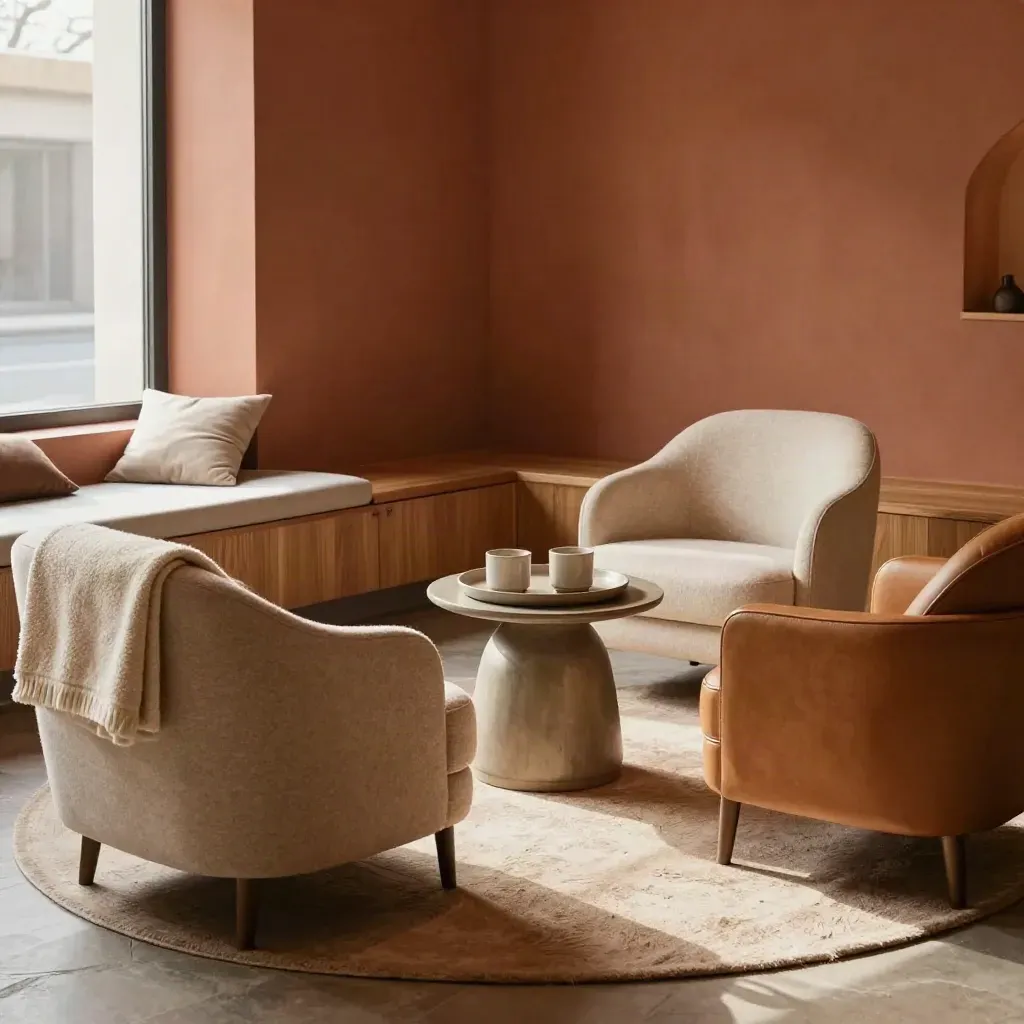 Calm family support lounge with three chairs, tea tray, folded blankets and window bench in soft light.