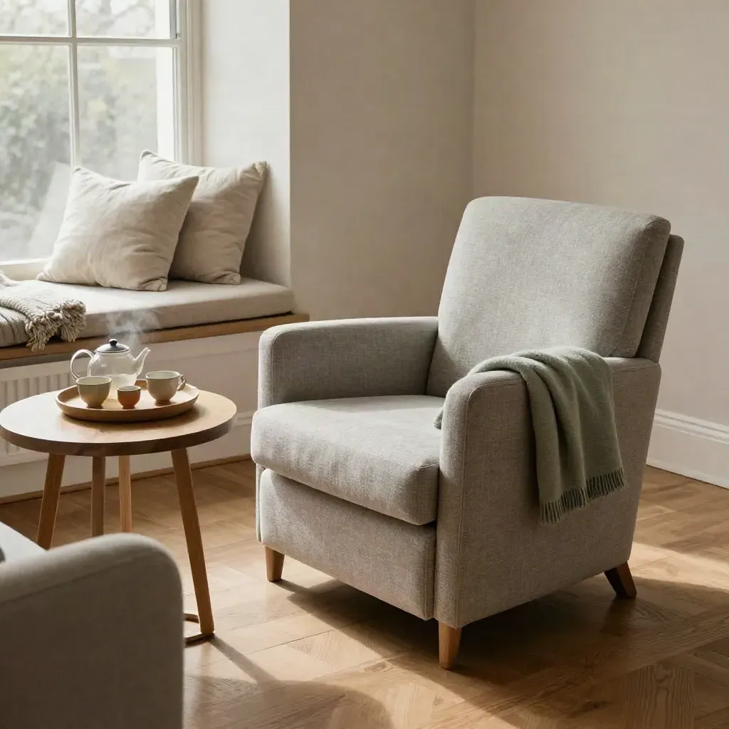 Two armchairs, tea tray, soft throw and window seat in a calm rehab family-support lounge.