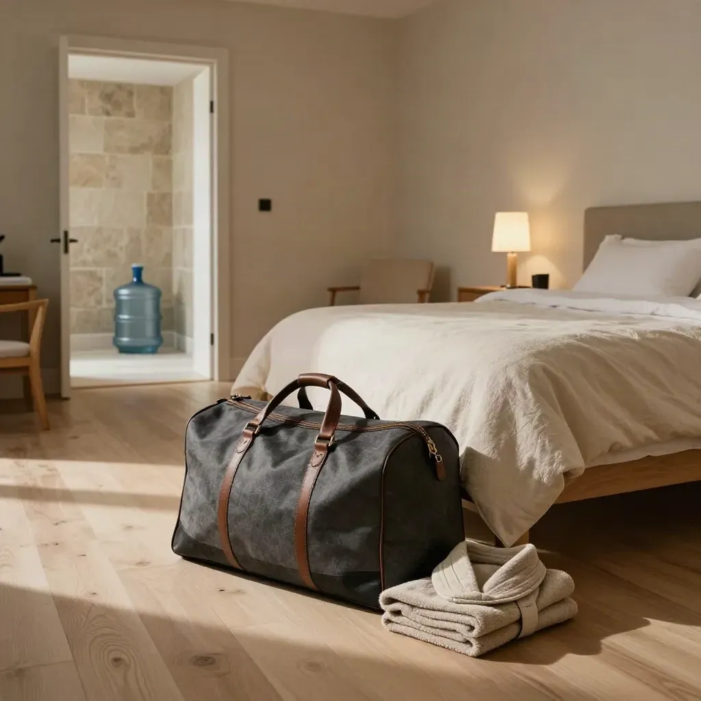 Empty rehab intake room with overnight bag, made bed, lamp, and open corridor door