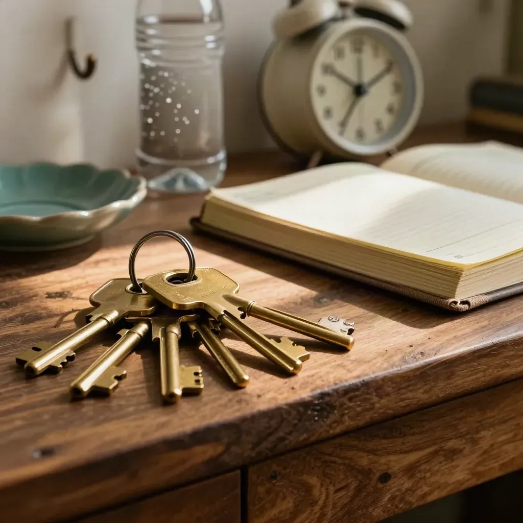 Keys, planner, alarm clock and water bottle on a warm front console beneath late sunlight.