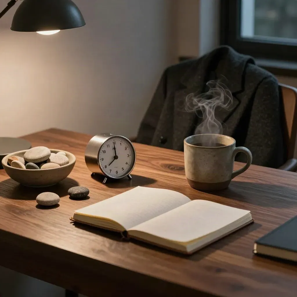 Late-evening recovery desk with stones, timer, mug, notebook and coat by a warm lamp.