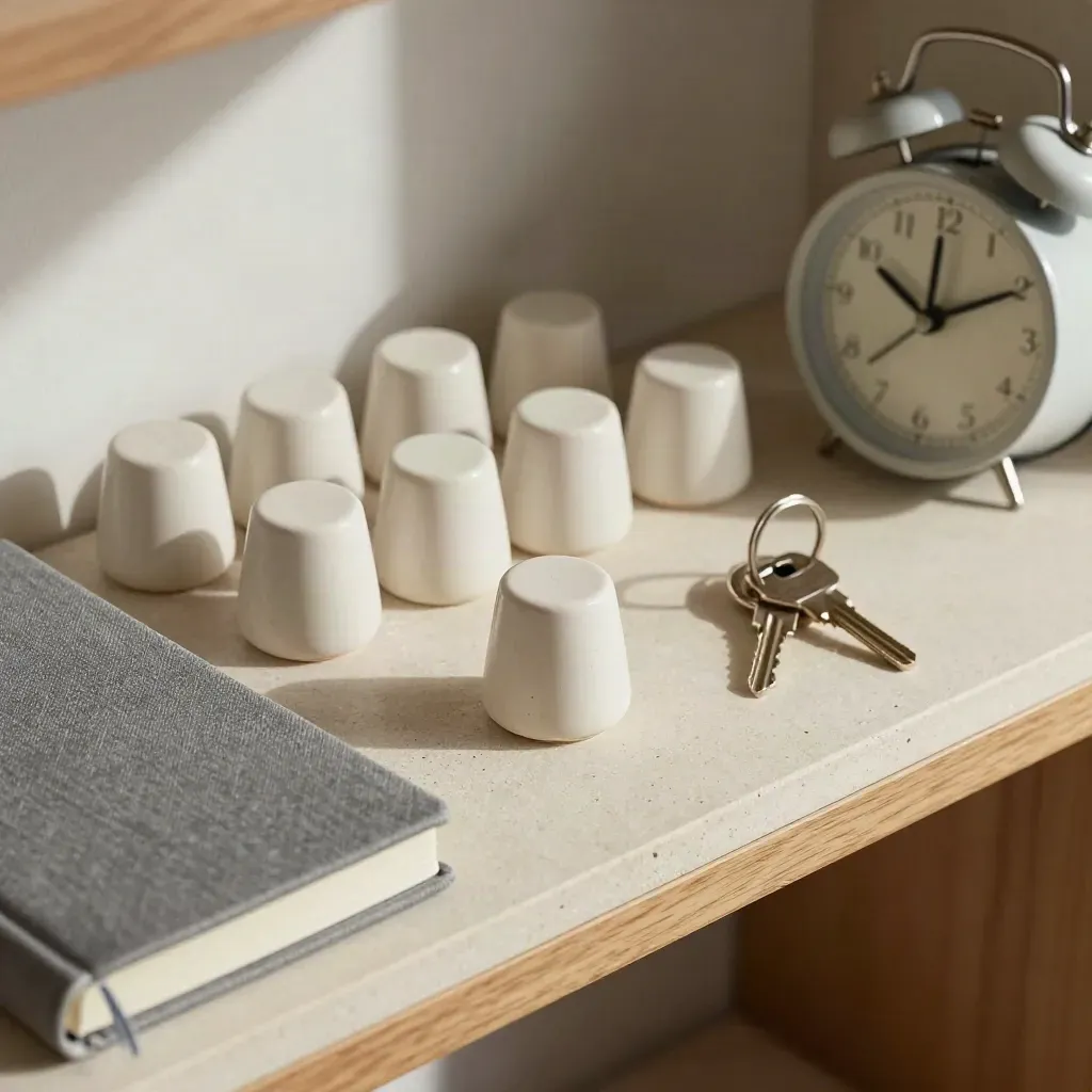 Overhead aftercare shelf with ceramic markers, closed diary, keys and alarm clock.