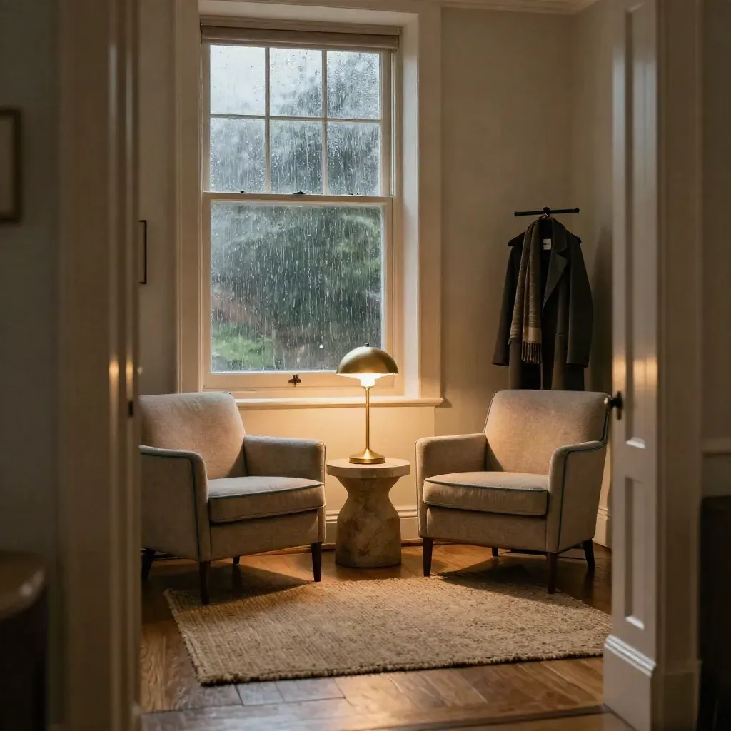 Empty evening counselling room with two armchairs, side lamp, rain-streaked window and coat stand.