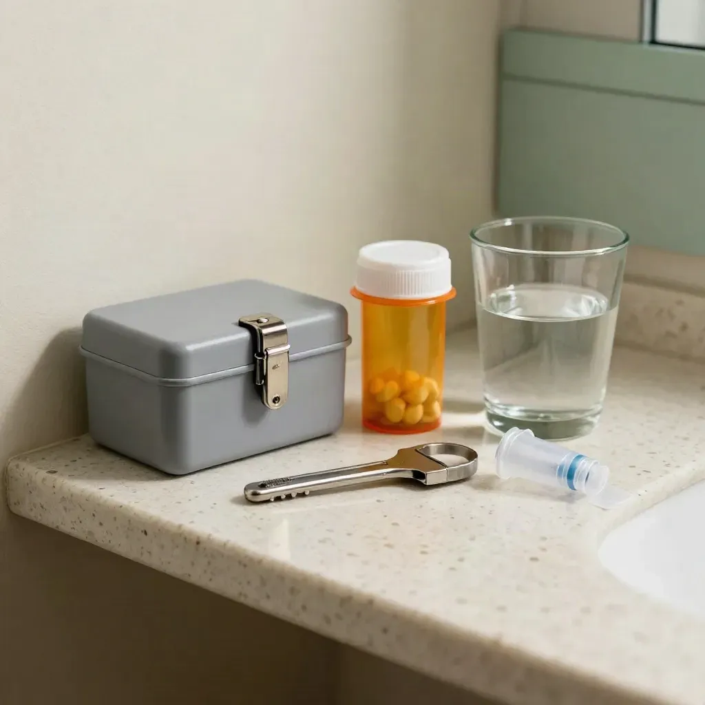 Clinical rehab tools on travertine: pill splitter, amber bottle, lockbox, and water cup.