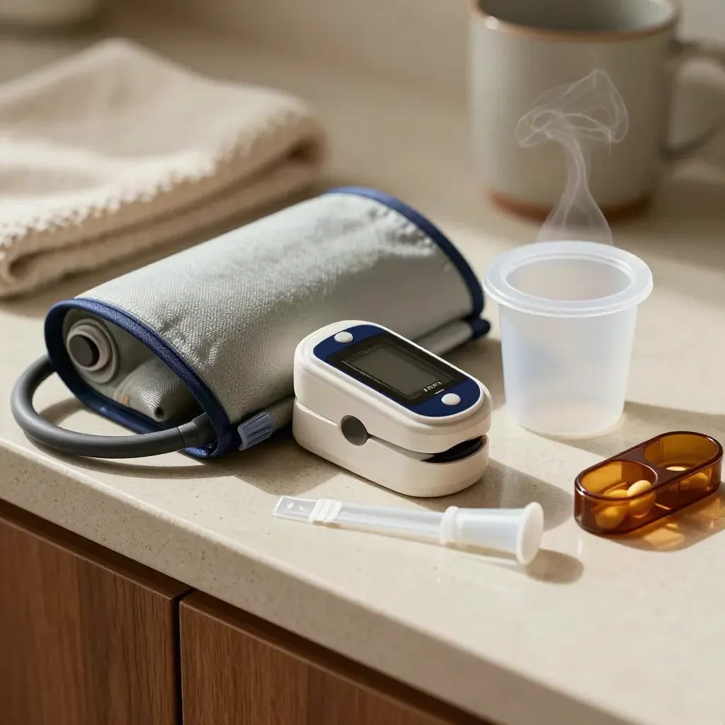 Extreme macro of rehab assessment tools: cuff, oximeter, specimen cup and breathalyser on stone.