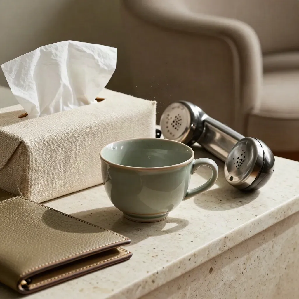 Macro of tissues, tea cup, handset and leather folio on a travertine ledge