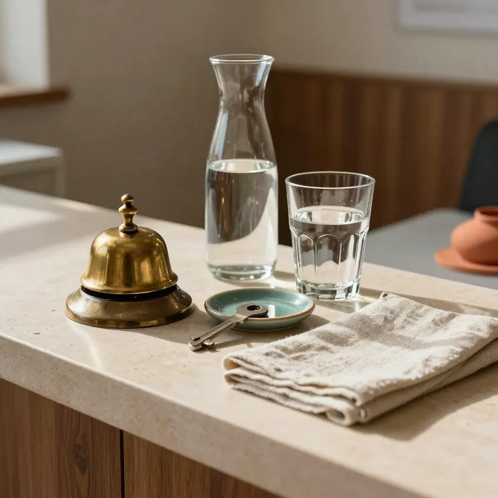 Brass bell, carafe, tumbler and key tray on pale stone in a calm rehab reception still life.