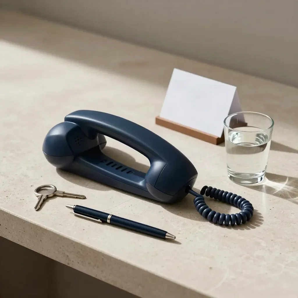 Navy handset, phone, keys, pen and water glass on pale stone for a book call.