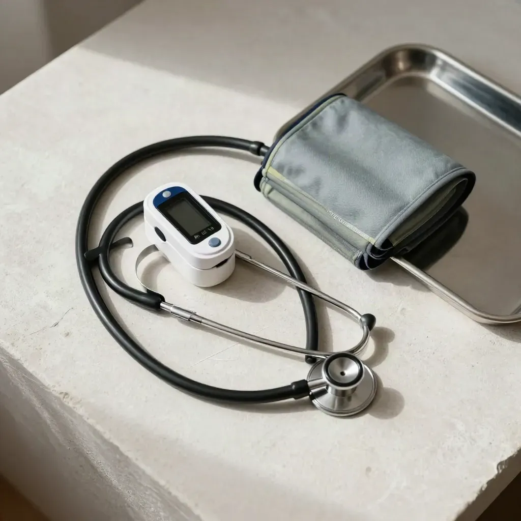 Overhead clinical flatlay with stethoscope, pulse oximeter, blood-pressure cuff and tray on plaster.