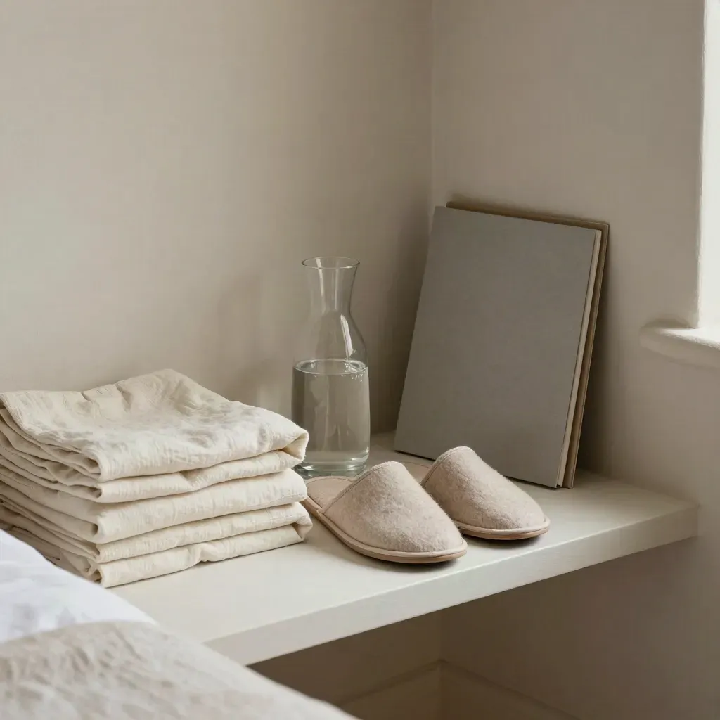 Folded linen, slippers, water carafe, and treatment folder on a quiet rehab bedside shelf