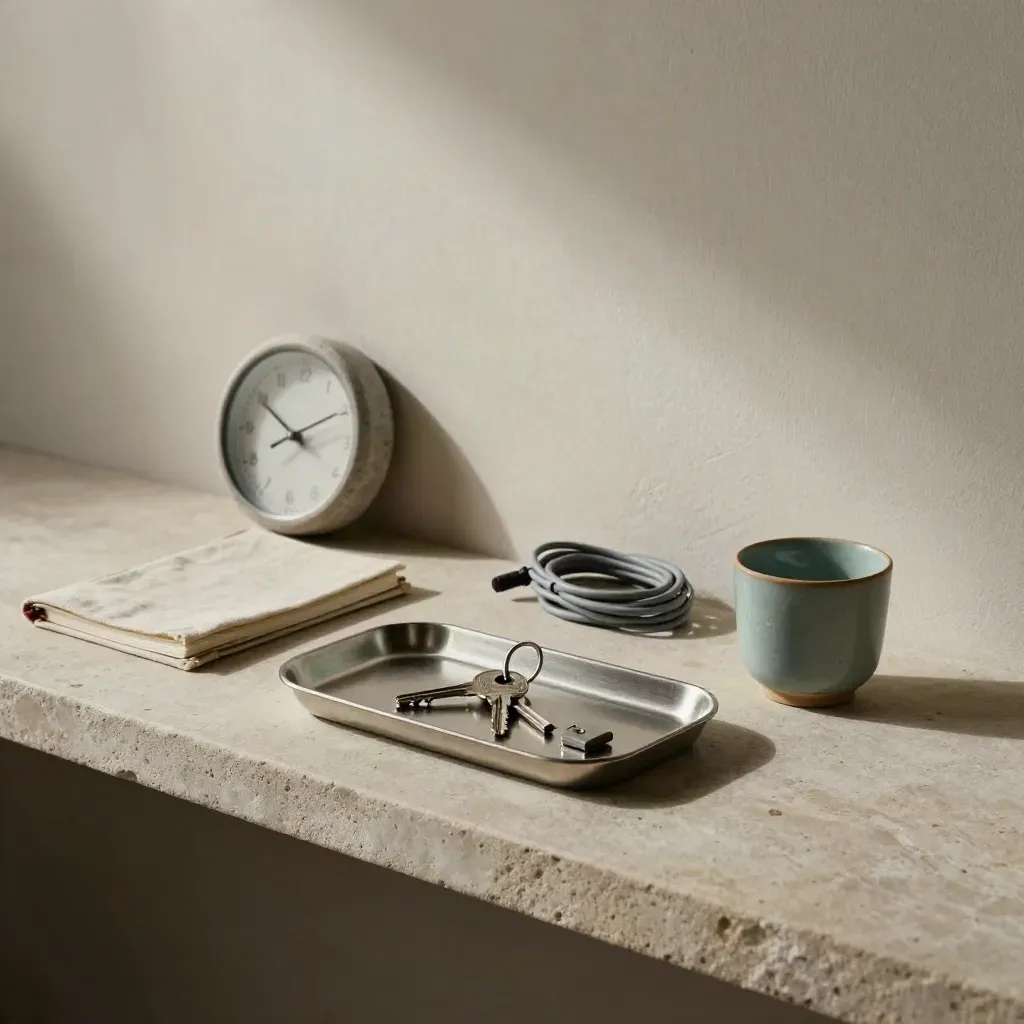Stone shelf with aftercare planning objects: notebook, clock, key tray, cable and cup.
