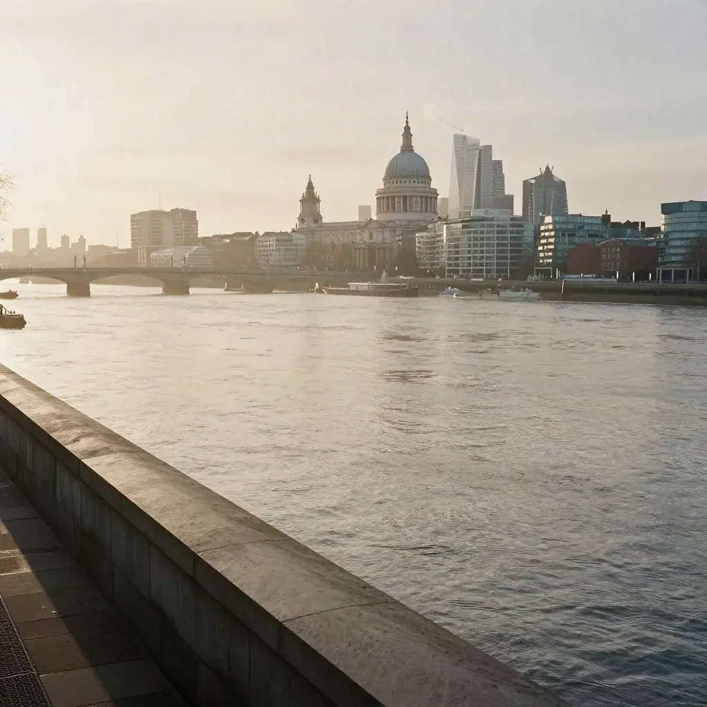 London skyline over the Thames at dusk, with calm misty river water below.