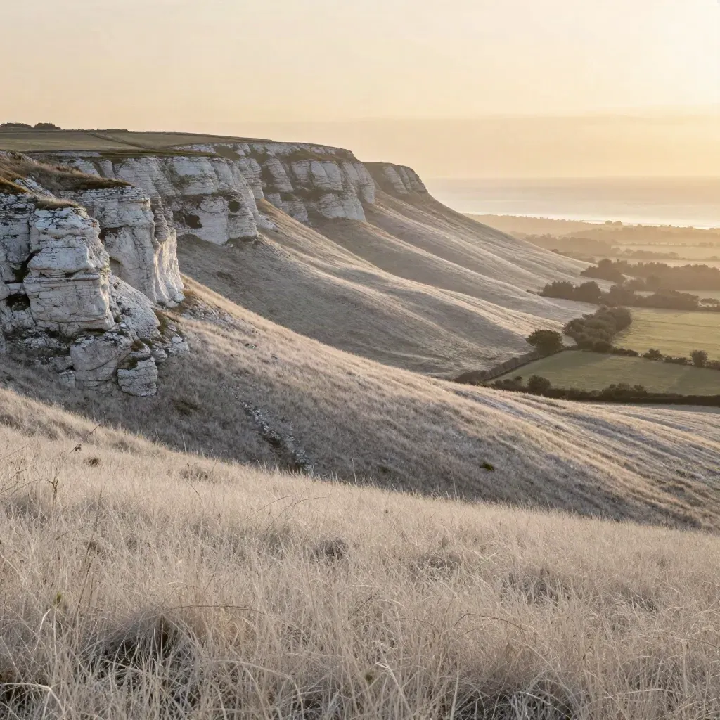 Golden chalk downs in South East England with sea haze and open copy space