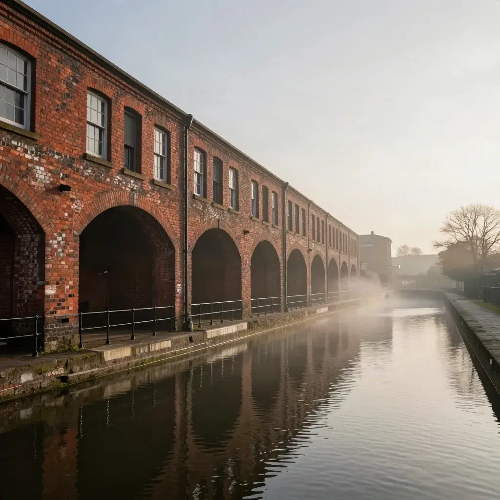Red-brick Midlands canal basin at dawn with misty arches and calm water