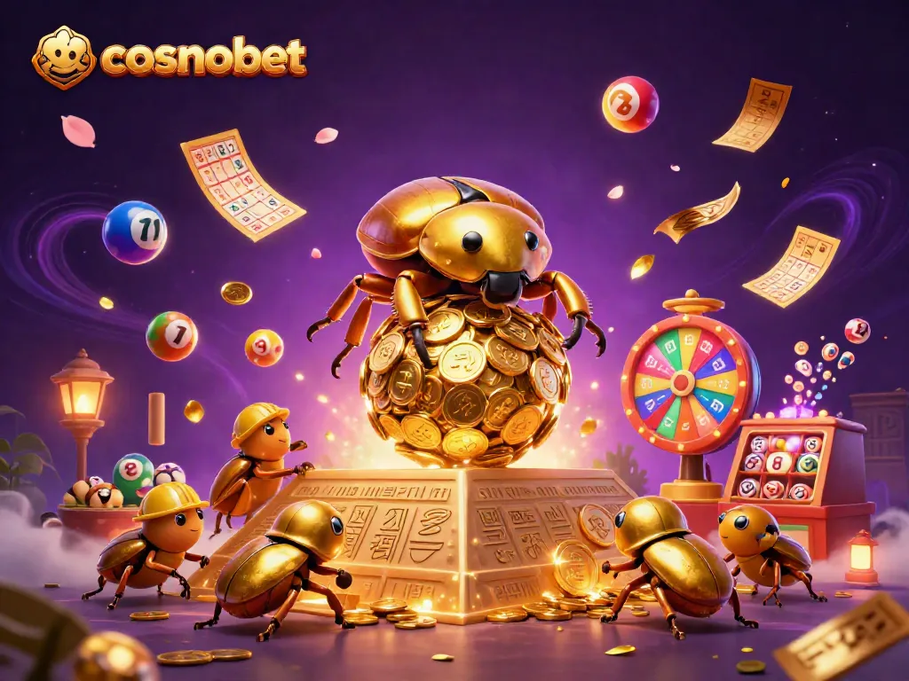 Experience exciting gameplay at Cosmobet with a vibrant casino-themed illustration showcasing golden beetles and lottery elements.