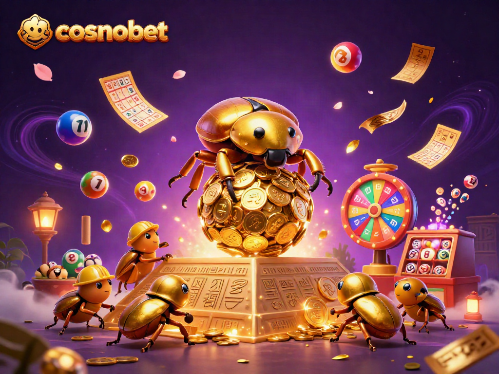 Experience exciting gameplay at Cosmobet with a vibrant casino-themed illustration showcasing golden beetles and lottery elements.