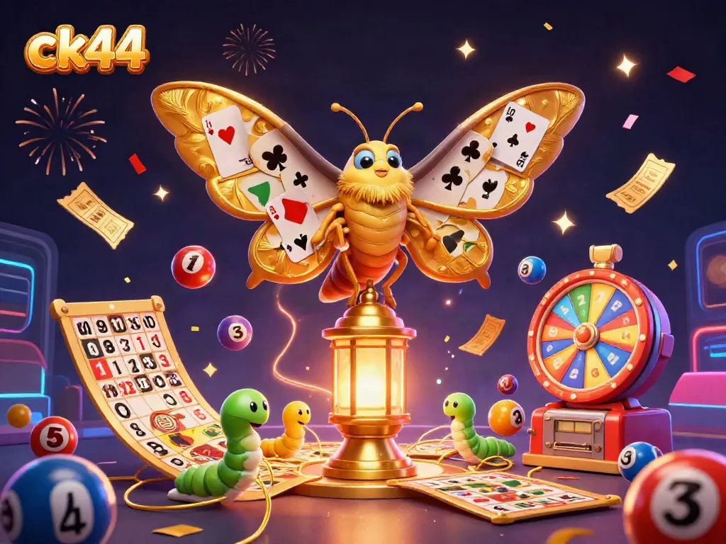 Engage with ck44's vibrant casino universe featuring colorful lottery elements and a majestic moth.