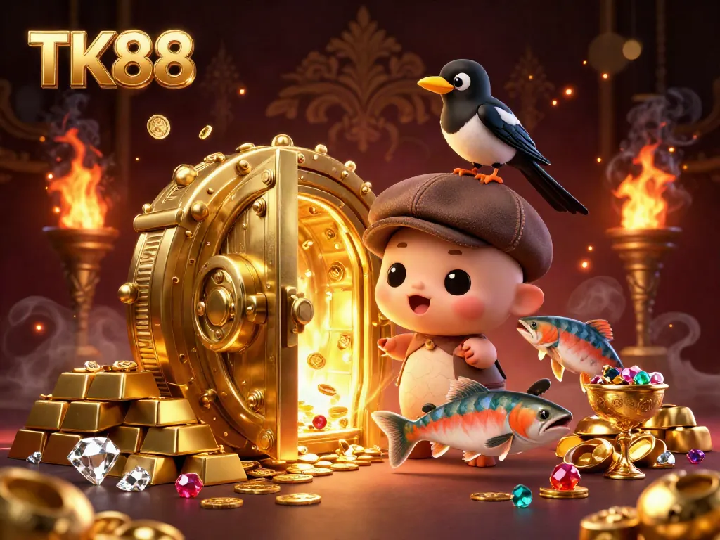 Experience the excitement of TK88 with a vibrant scene of a playful Nessie and gold treasures in a dynamic casino atmosphere.