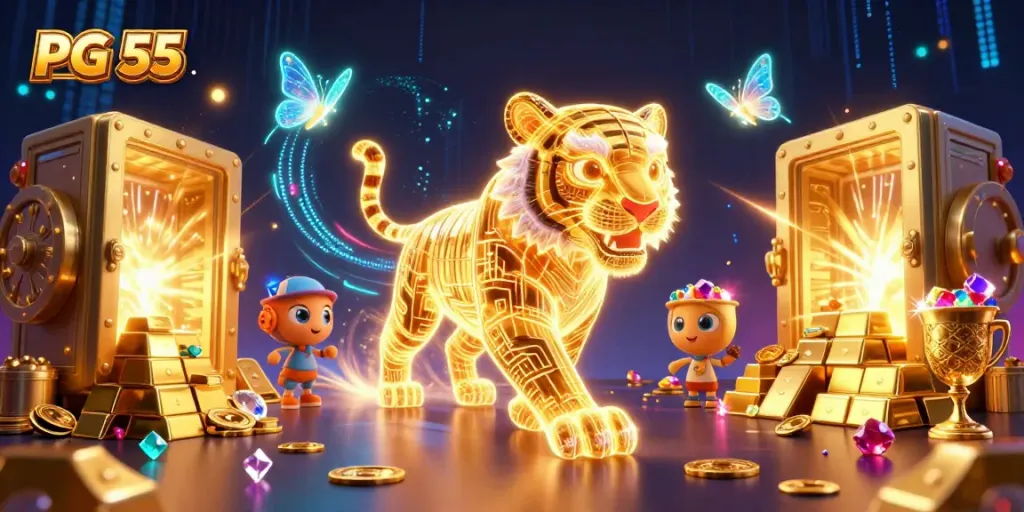 PG 55 encourages players to experience exciting digital casino adventures with engaging visuals and gold treasures.