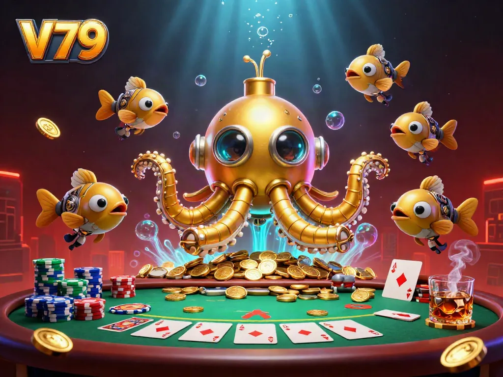 V79 brings the action with a golden kraken submarine triumphant in a sea of coins, surrounded by poker game elements.