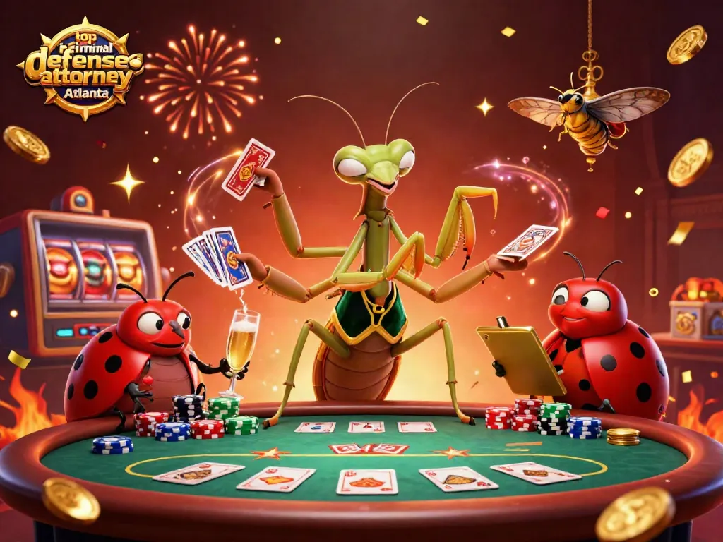 Experience the thrill with a top criminal defense attorney Atlanta amid a vibrant gambling scene filled with poker excitement and golden coins.