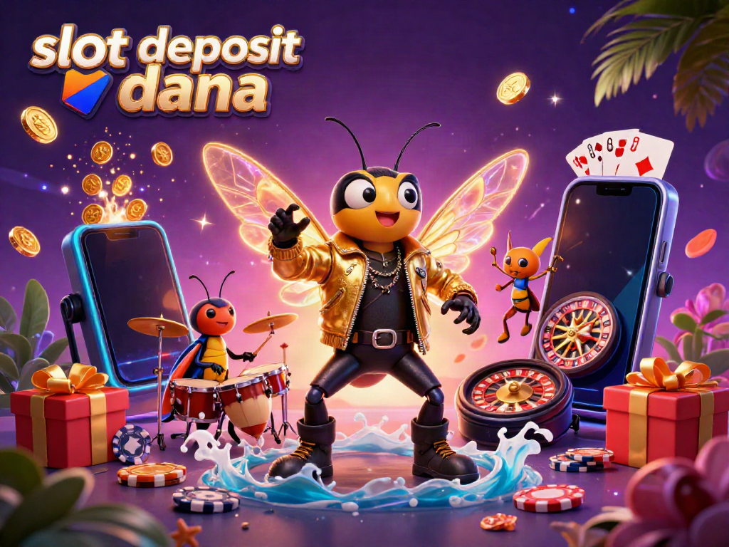 Experience thrilling gameplay with slot deposit dana in this vibrant casino scene featuring a cartoon cicada rock star and colorful game elements.
