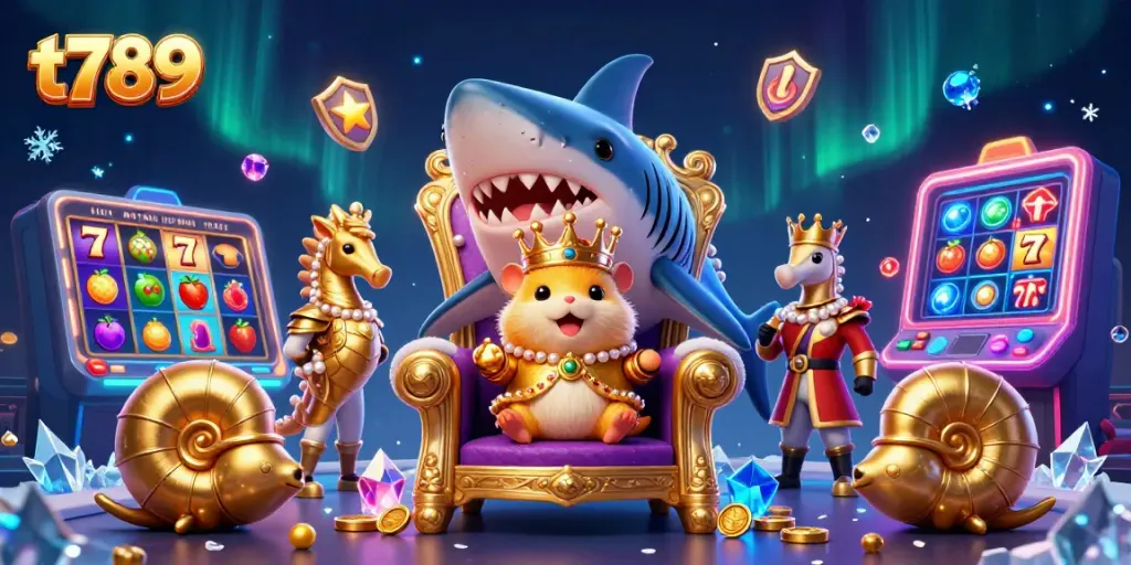 Experience thrilling gaming excitement at t789 with a fierce hamster king on a megalodon throne amidst vibrant casino elements.