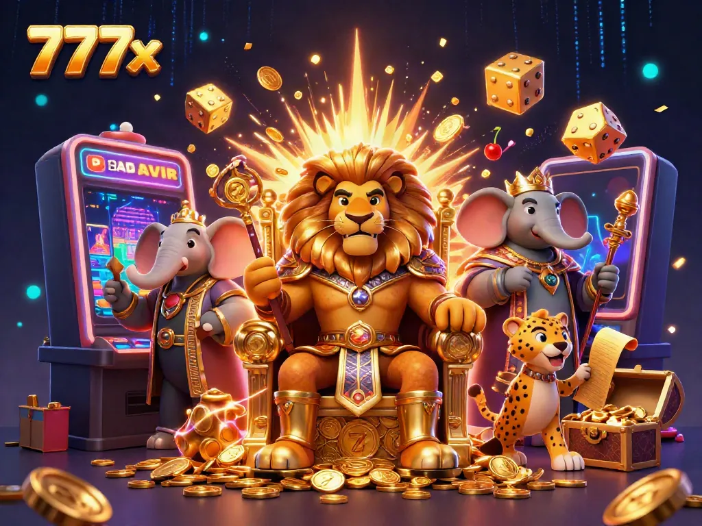 Experience the vibrant excitement of 777x casino with animated lion king and thrilling jackpot.